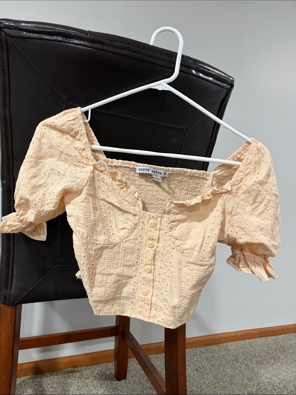 HYFVE Peach Eyelet Button-Front Puff Sleeve Crop Top